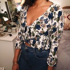 Blue floral open tie blouse